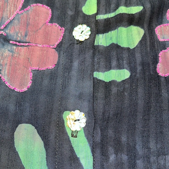 Asian creations Blue purple button up tropical SHIRT beaded round neck WOMENS Lg - Picture 9 of 14